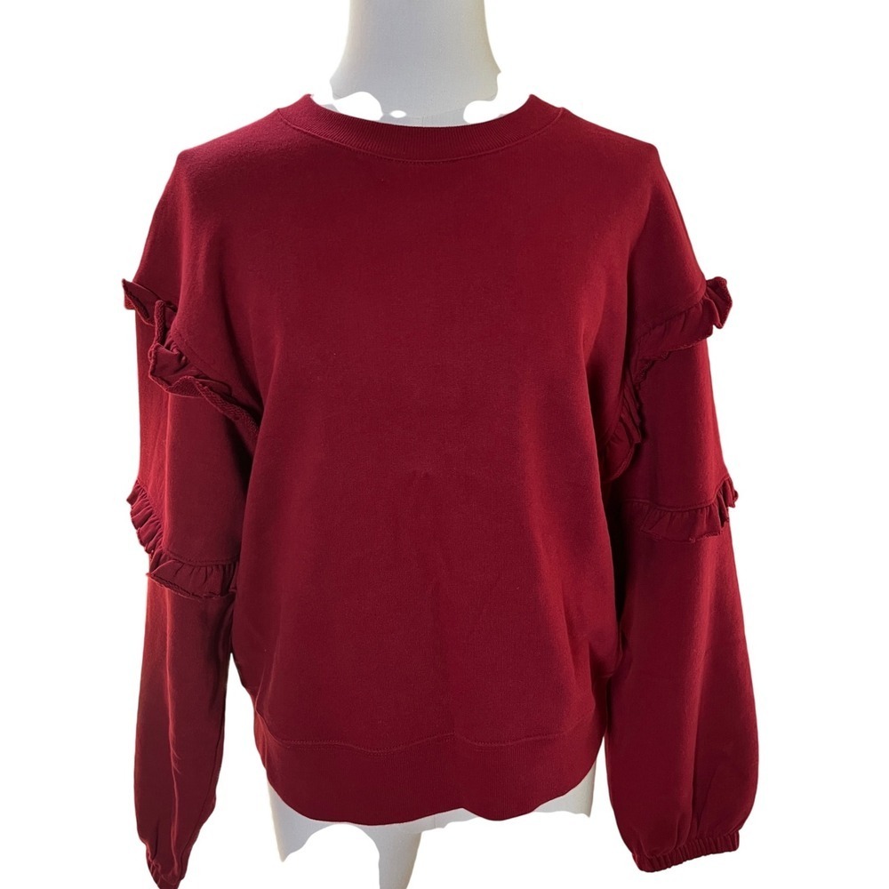 Festive Cozy Ruffle Sleeve Terry Sweatshirt Wine Red Pullover Rebecca Minkoff‎ S
